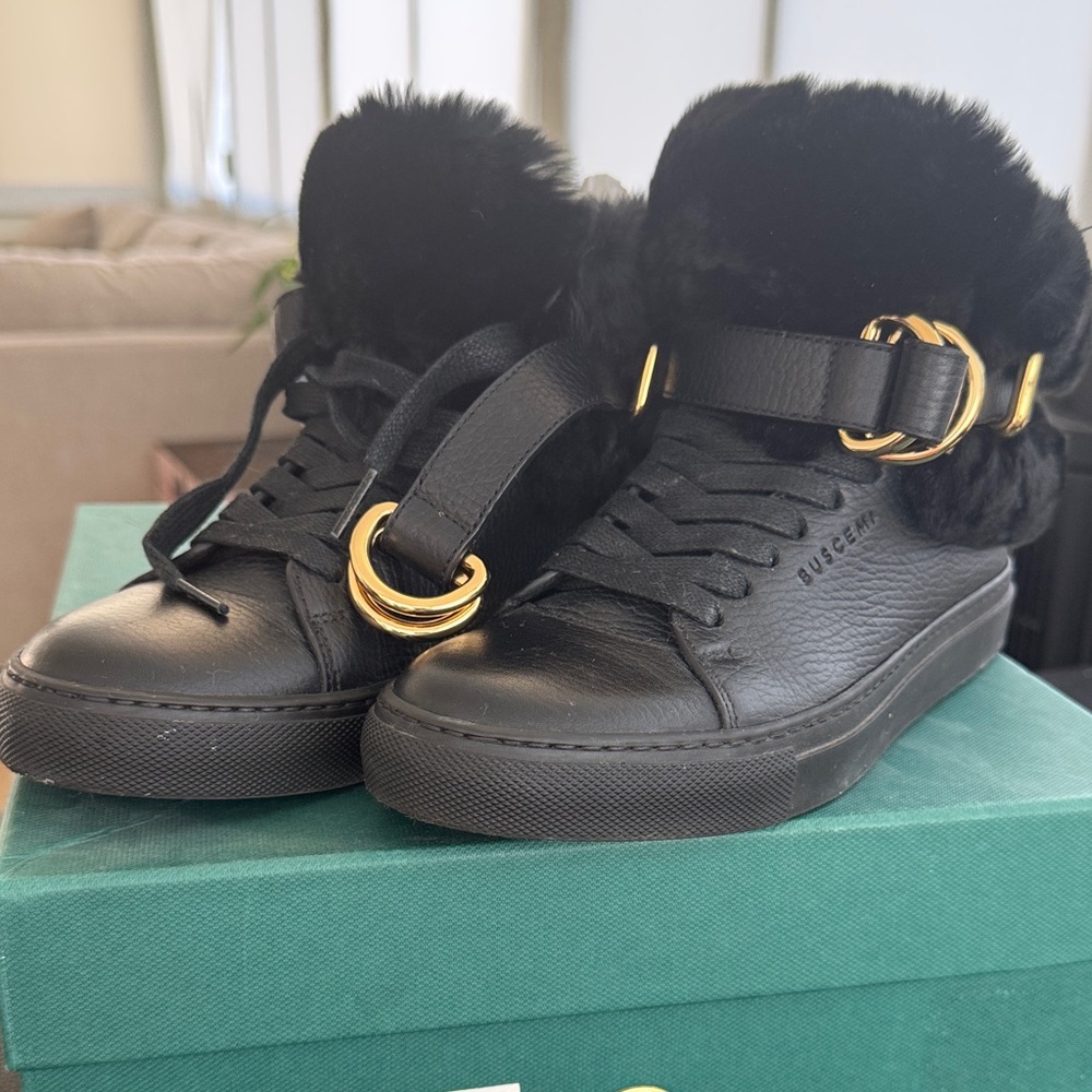 Buscemi Women's Black Sneakers with Gold Accents and rabbit fur detailing